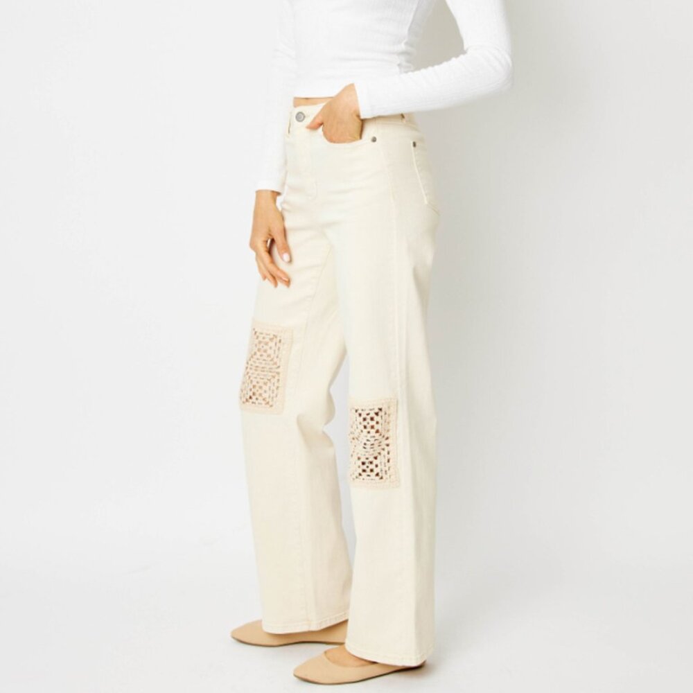 Judy Blue Cream Straight Leg Jeans with Crochet Knee Patches